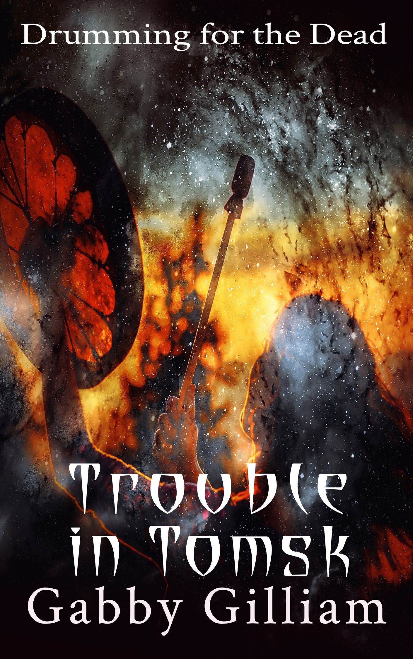 Weird fiction or horror comedy cover for Trouble in Tomsk, featuring chaos in a cold town.